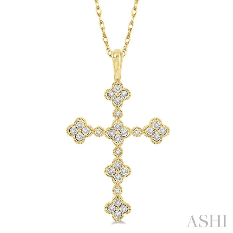 1/8 ctw Floral Cross Round Cut Diamond Pendant With Link Chain in 10K Yellow Gold