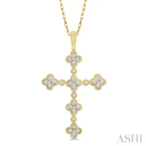 1/8 ctw Floral Cross Round Cut Diamond Pendant With Link Chain in 10K Yellow Gold