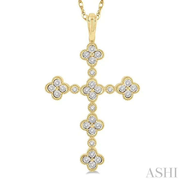 1/8 ctw Floral Cross Round Cut Diamond Pendant With Link Chain in 10K Yellow Gold