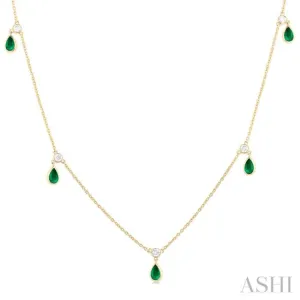 5x3 MM Pear Shape Emerald and 1/4 ctw Round Cut Diamonds Precious Station Necklace in 14K Yellow Gold
