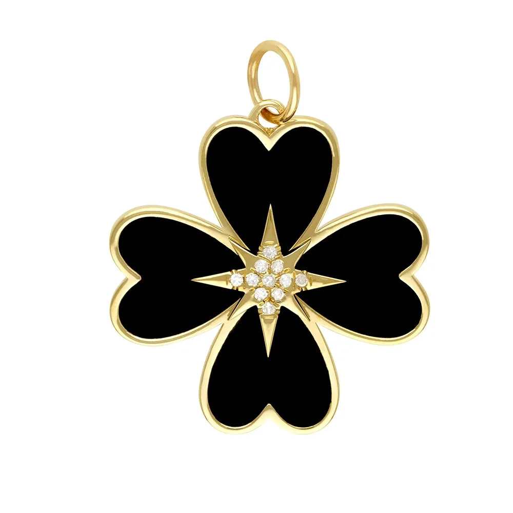 Diamond Black Onyx Four Leaf Clover Pendant 24mm