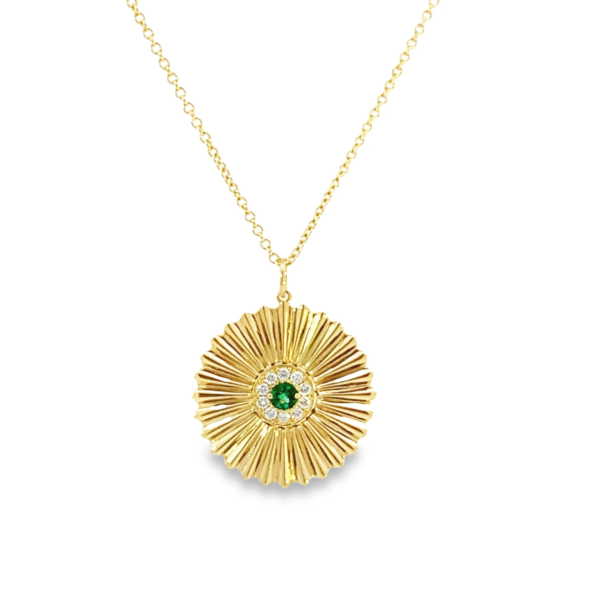 Emerald and Diamond Halo Sunburst Necklace - made to order