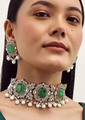 Gold Finish Necklace Set With Emerald Stone In Mix Metal