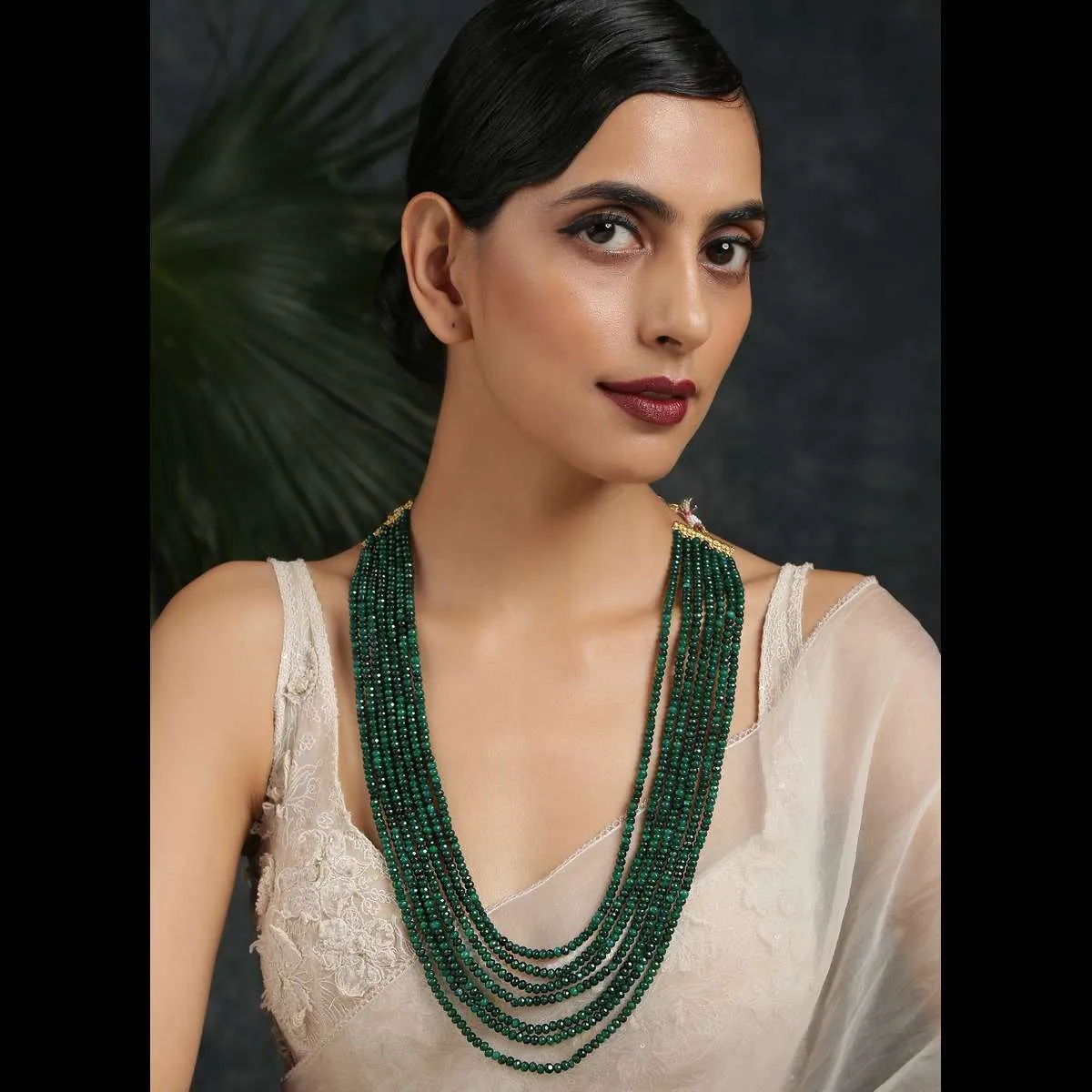 Green Necklace With Multiple Strands Of Onyx Beads By Paisley Pop