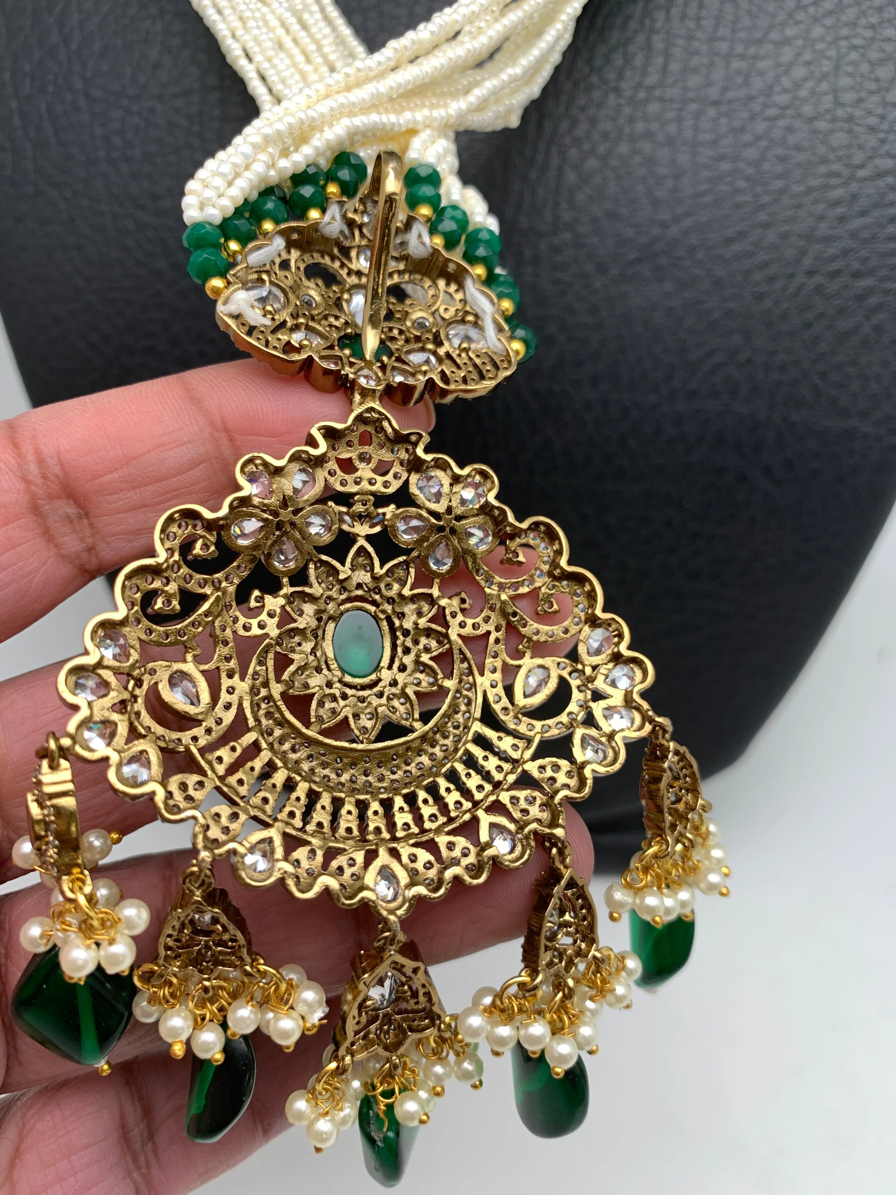 Kundan AD Mehndi Finish Pendent Green Beads Pearls Mala