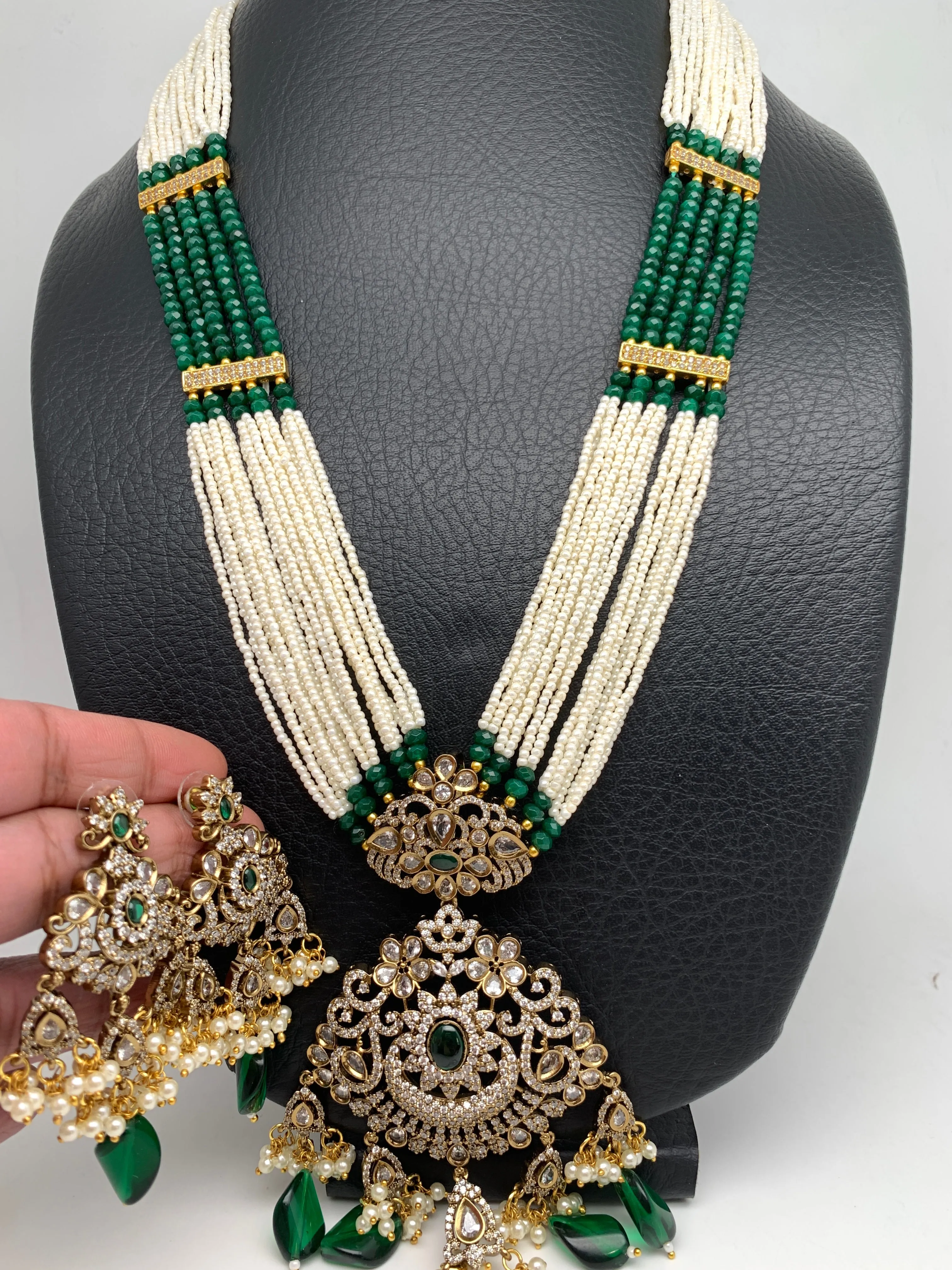 Kundan AD Mehndi Finish Pendent Green Beads Pearls Mala
