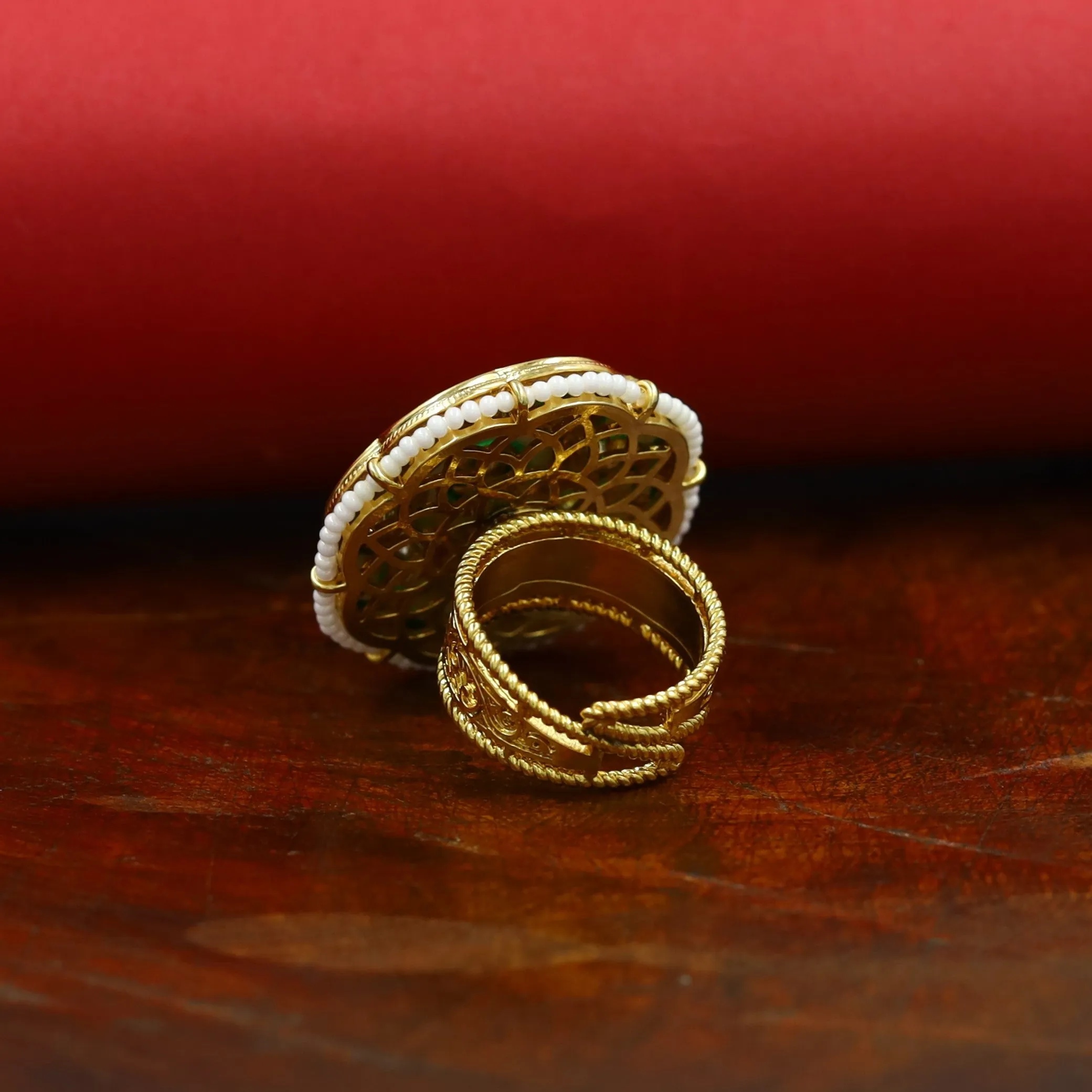 Kundan Cocktail Adjustable Green Ring 10640-6325