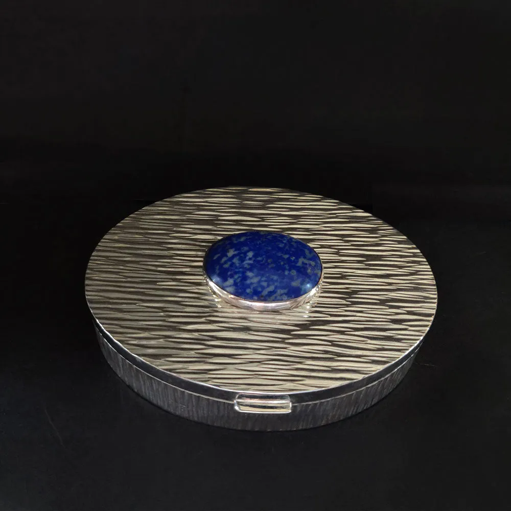 Oval Silver Pooja Box With Blue Stone