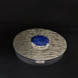 Oval Silver Pooja Box With Blue Stone