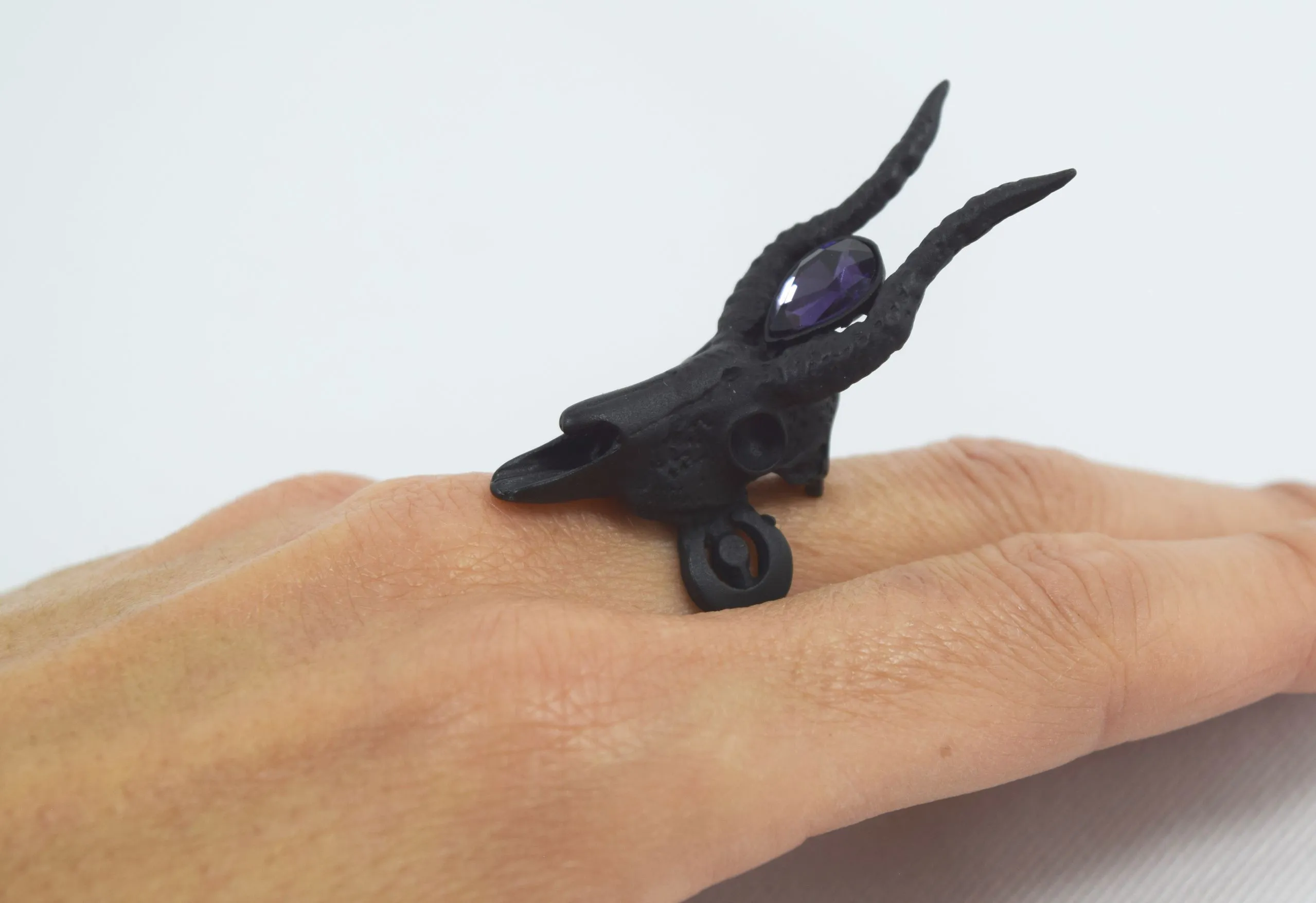 Restyle Gothic 3D Black Crescent Skull Ring - goat skull fashion ring with purple stone