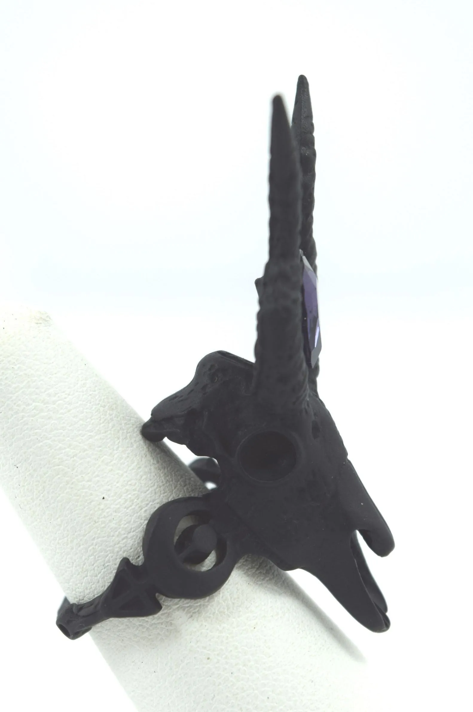 Restyle Gothic 3D Black Crescent Skull Ring - goat skull fashion ring with purple stone