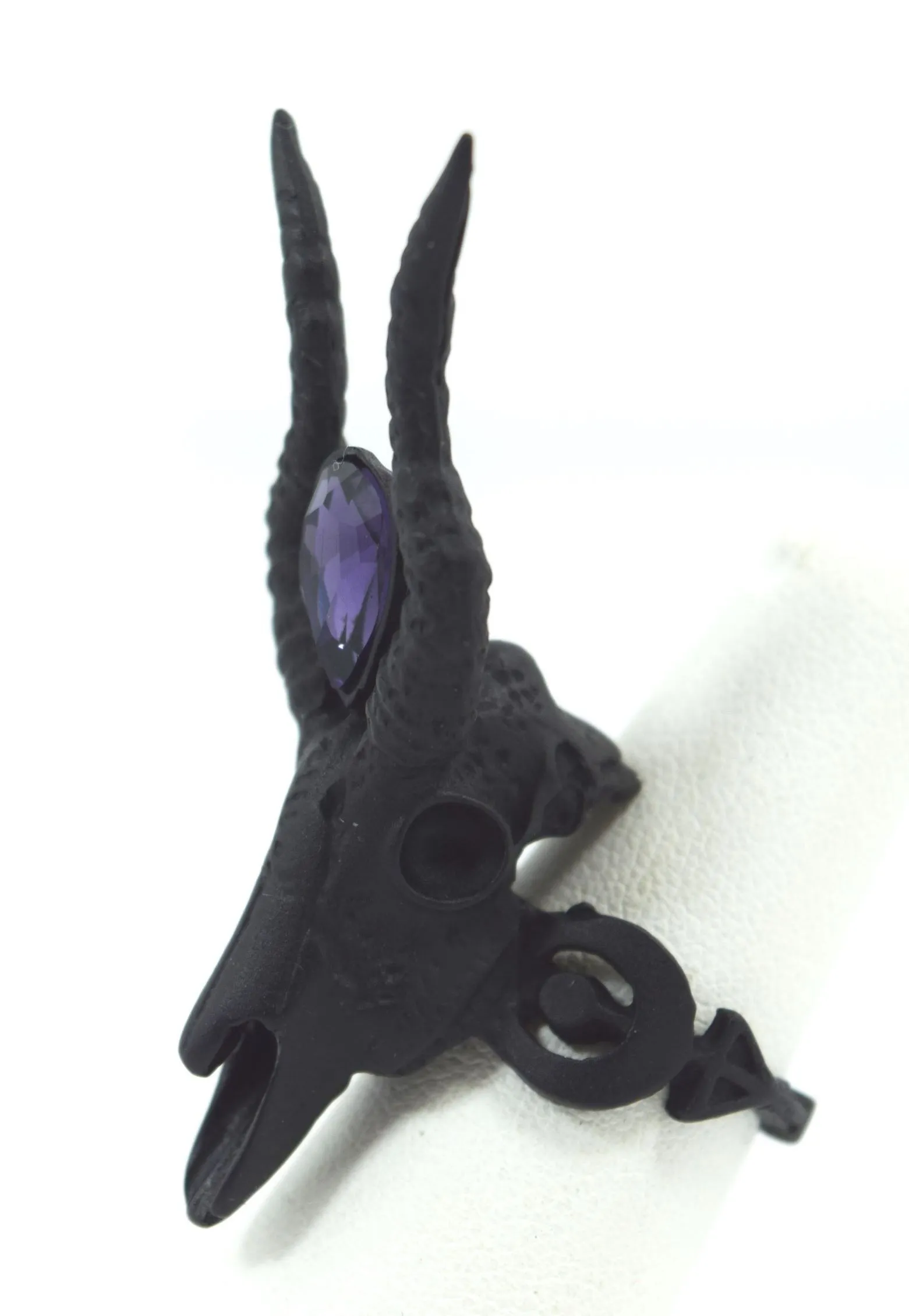 Restyle Gothic 3D Black Crescent Skull Ring - goat skull fashion ring with purple stone