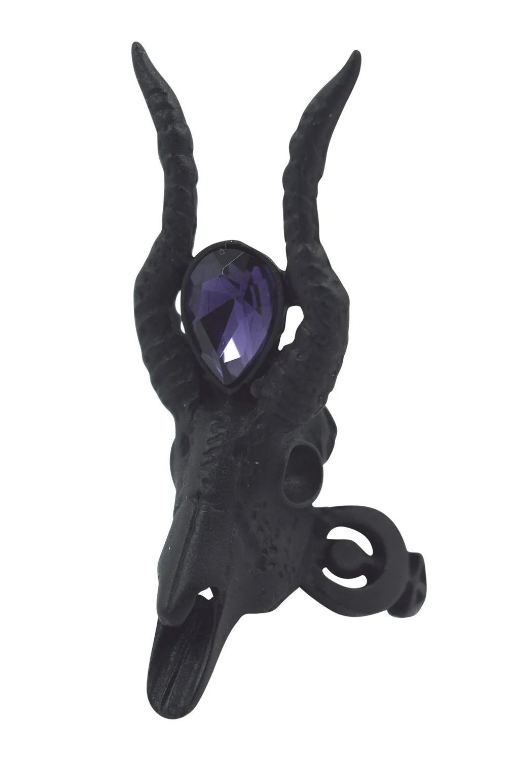 Restyle Gothic 3D Black Crescent Skull Ring - goat skull fashion ring with purple stone