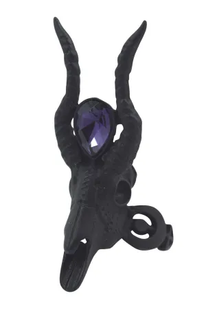 Restyle Gothic 3D Black Crescent Skull Ring - goat skull fashion ring with purple stone