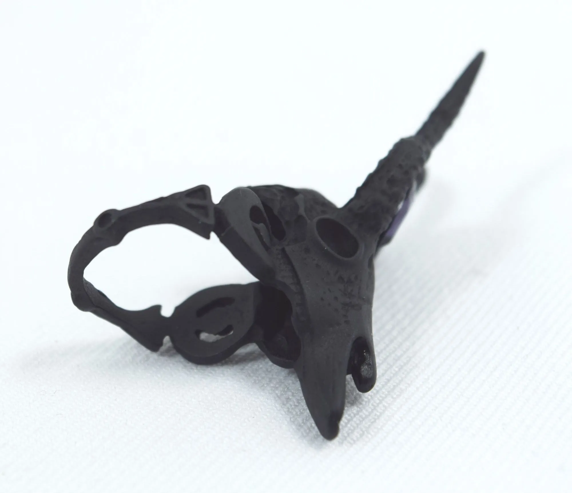Restyle Gothic 3D Black Crescent Skull Ring - goat skull fashion ring with purple stone