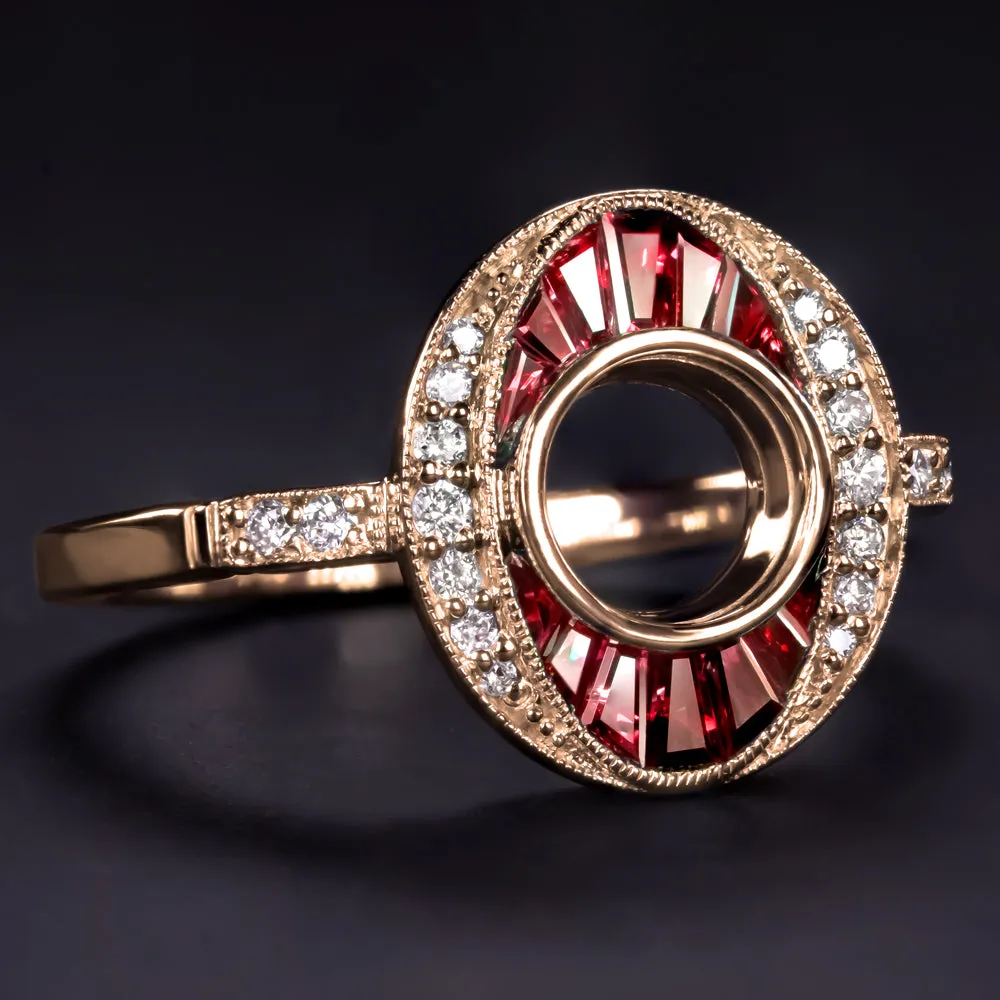 RUBY DIAMOND ENGAGEMENT RING SETTING ROUND VINTAGE ART DECO ROSE GOLD GEOMETRIC