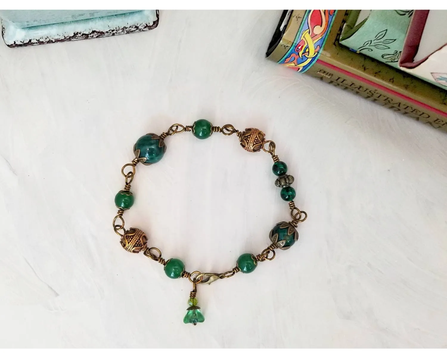 Wire Wrapped Bracelet or Anklet in Emerald Green, Boho, Bohemian, Renaissance, Medieval, Choice of Colors and Metals
