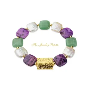 Zara white freshwater pearl, green aventurine and purple agate bracelet