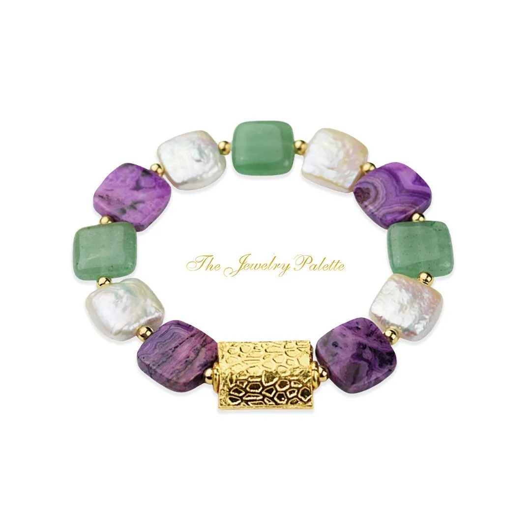 Zara white freshwater pearl, green aventurine and purple agate bracelet